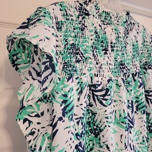 THML Green and Navy Smocked Top with Flutter Sleeves